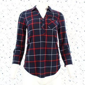 3/4 Sleeve Henley Knit Plaid Shirt Top Navy Red
